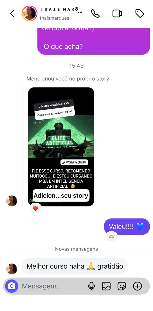Print da Thais recomendando o curso nos stories