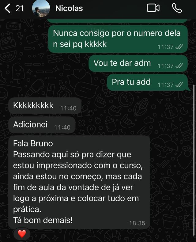 Print do Nicolas elogiando as aulas